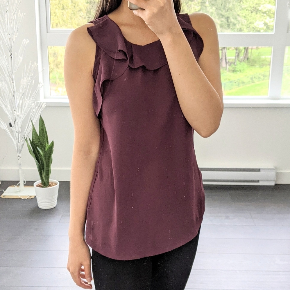 LOFT Ruffle Crepe Purple Maroon Tank Top